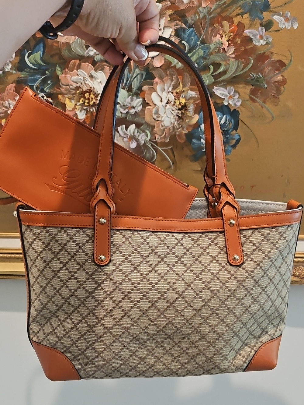 Gucci Diamante Small Craft Tote with Orange Leather Trim & Pouch
